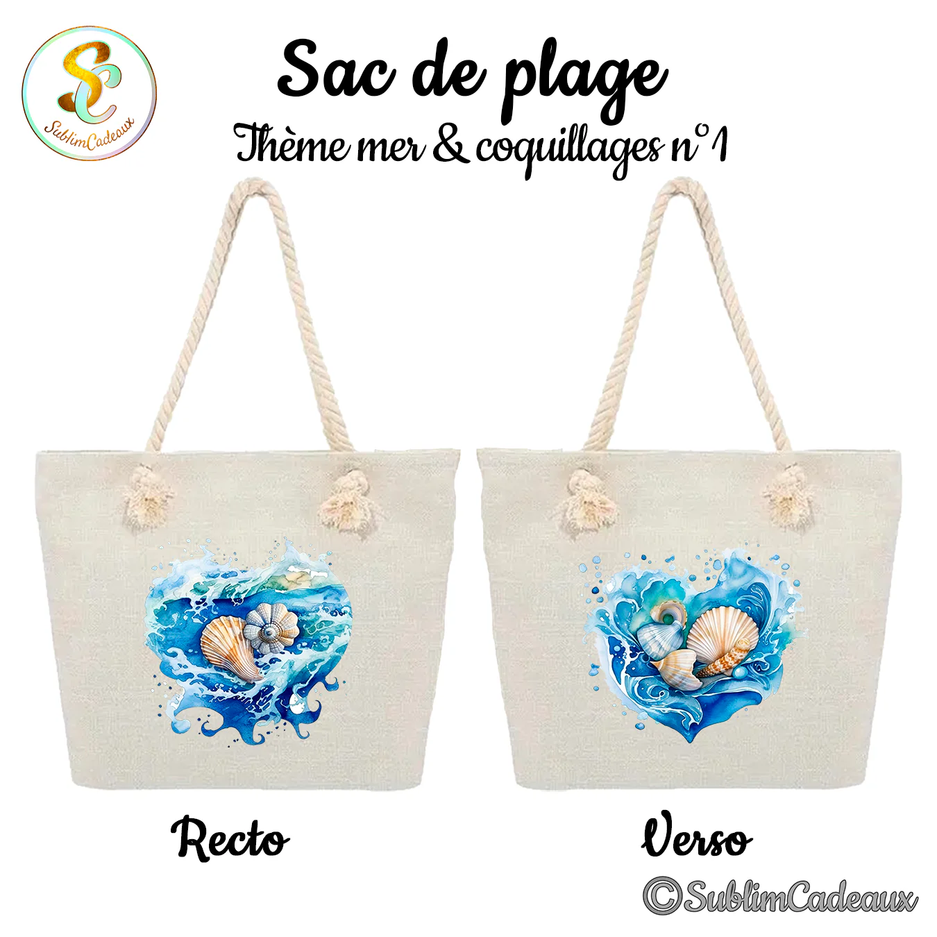 Sac de plage en toile beige à anses en corde, imprimé de coquillages dans une vague d'eau bleue
