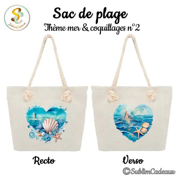 Sac de plage en toile beige à anses en corde, imprimé d'un cœur marin avec coquillages, étoile de mer et phare
