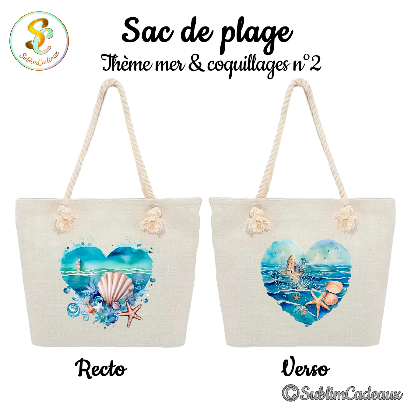 Sac de plage en toile beige à anses en corde, imprimé d'un cœur marin avec coquillages, étoile de mer et phare
