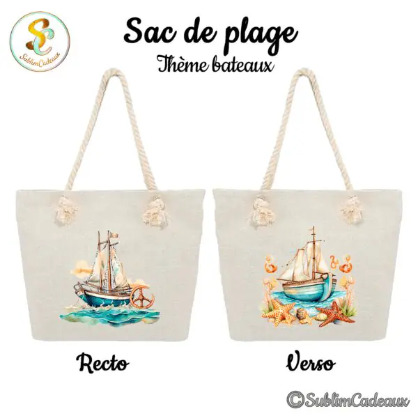 Sac de plage en toile beige à anses en corde, imprimé d'un voilier aquarelle avec étoiles de mer et coquillages