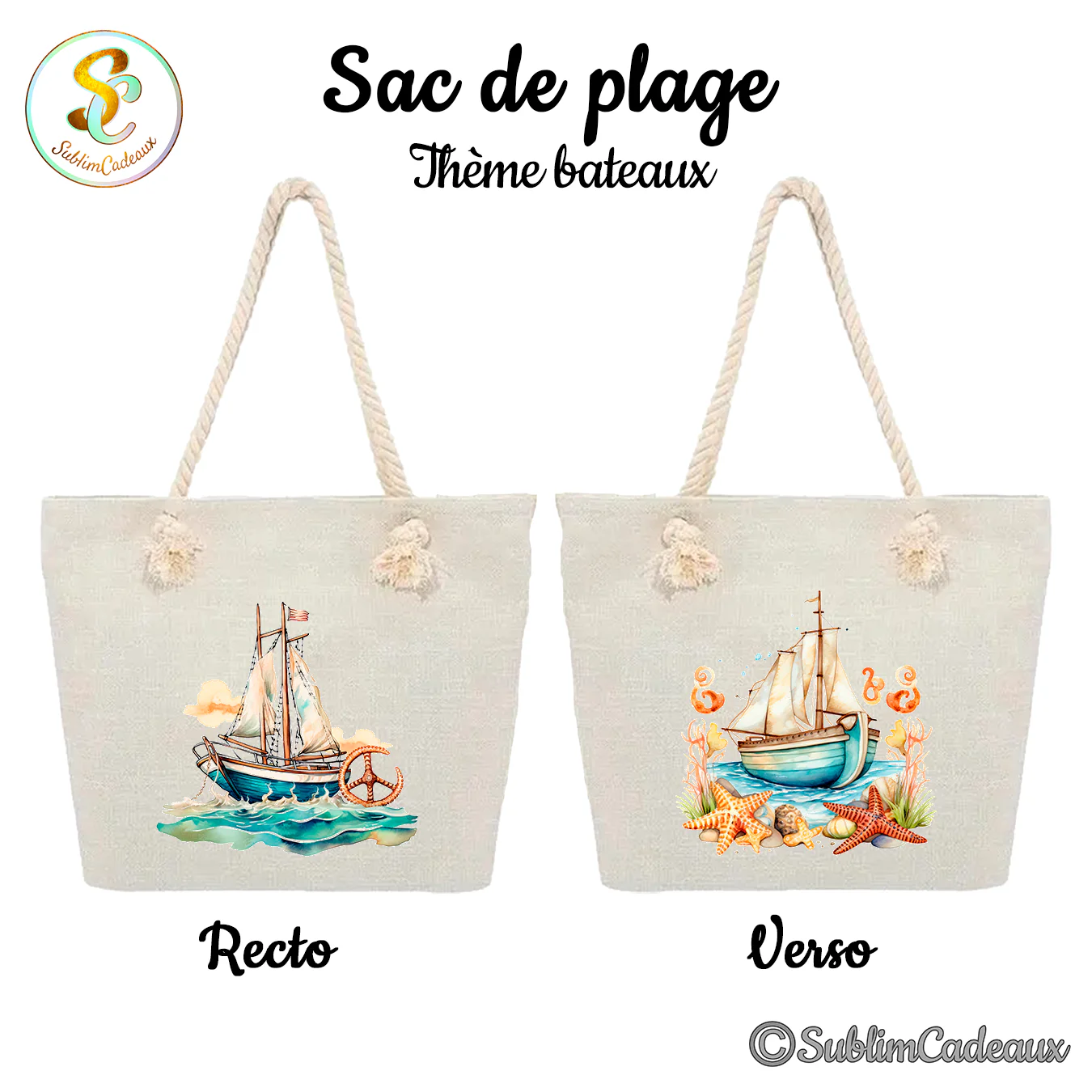 Sac de plage en toile beige à anses en corde, imprimé d'un voilier aquarelle avec étoiles de mer et coquillages