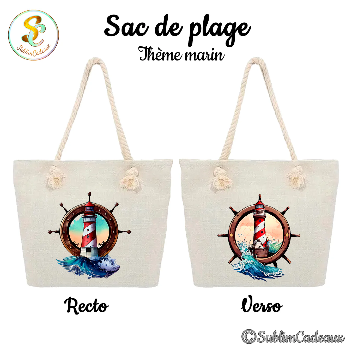 Sac de plage en toile écrue à anses en corde, imprimé d'un phare rouge et blanc dans une barre à roue entouré de vagues