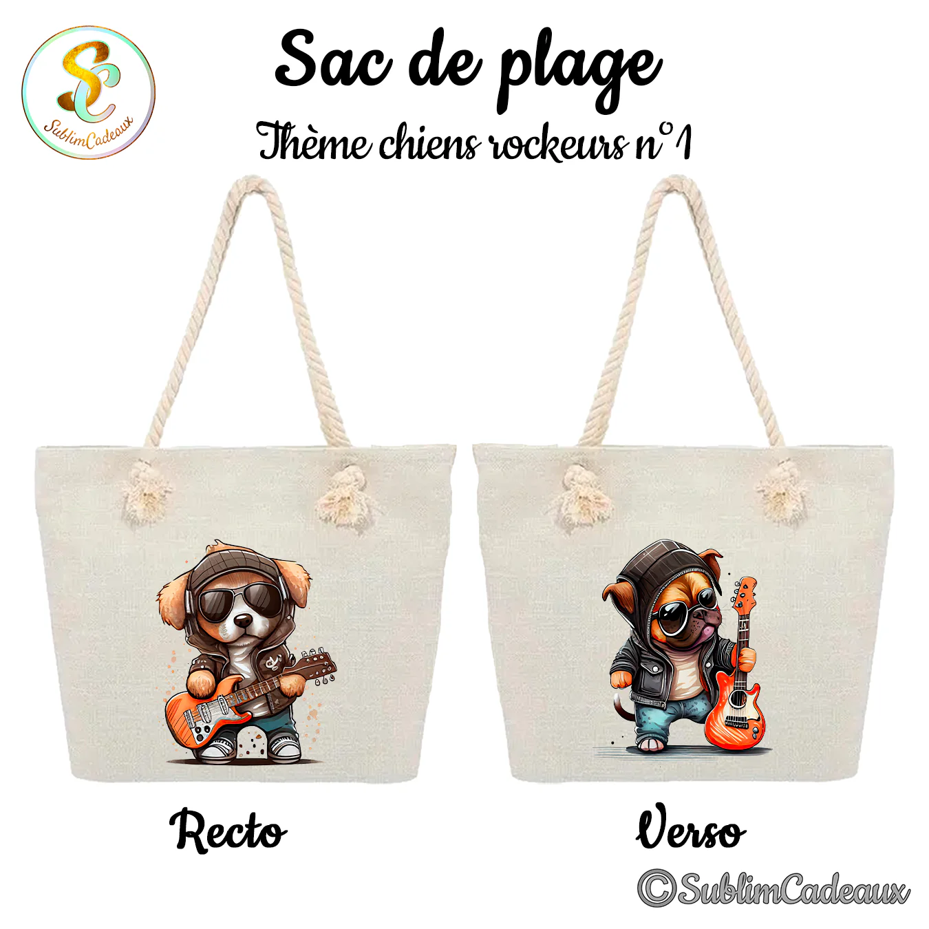 Sac de plage en toile beige, anses en corde, imprimé d'un chiot rockeur en lunettes de soleil jouant de la guitare électrique