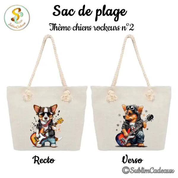 Grand sac de plage en toile écrue à anses cordées, imprimé de chiots rockeurs à lunettes noires avec guitare électrique