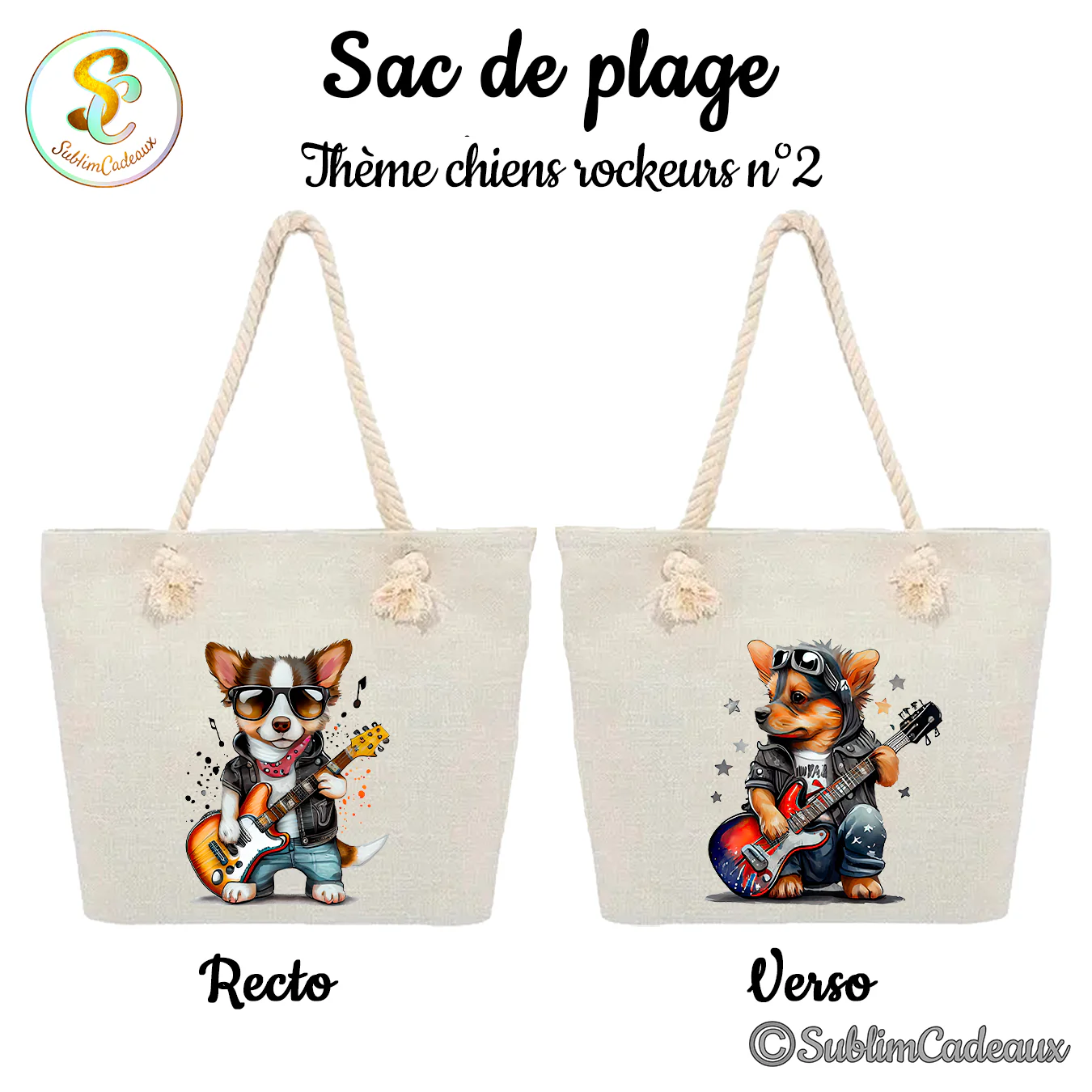 Grand sac de plage en toile écrue à anses cordées, imprimé de chiots rockeurs à lunettes noires avec guitare électrique