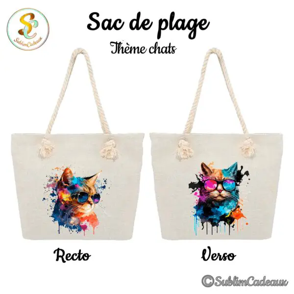 Sac de plage en toile écrue à anses en corde, imprimé de têtes de chat multicolores aquarelle à lunettes de soleil