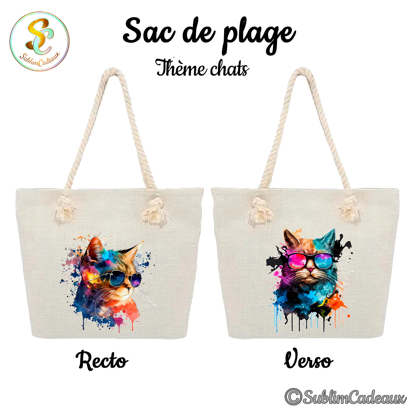 Sac de plage en toile écrue à anses en corde, imprimé de têtes de chat multicolores aquarelle à lunettes de soleil