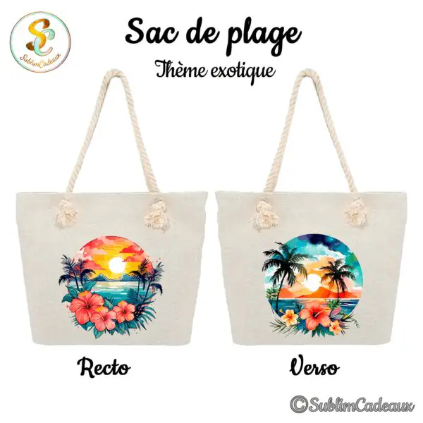 Sac de plage en toile beige, anses en corde, imprimé d'un coucher de soleil tropical avec palmiers et fleurs d'hibiscus