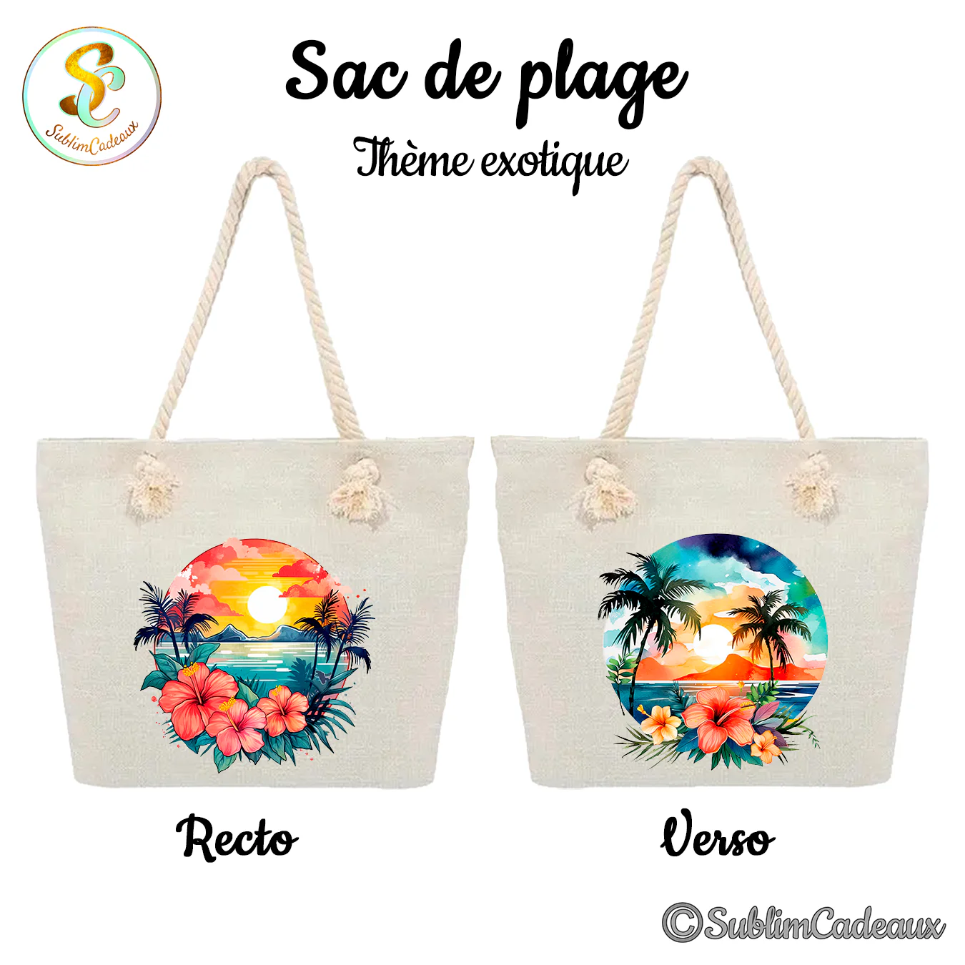 Sac de plage en toile beige, anses en corde, imprimé d'un coucher de soleil tropical avec palmiers et fleurs d'hibiscus