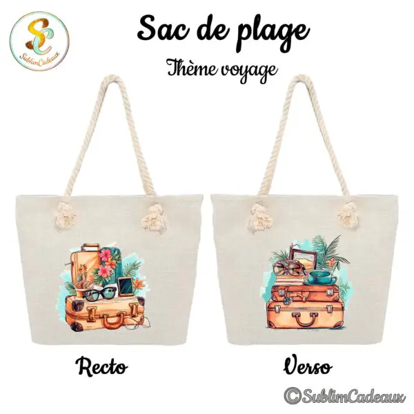 Sac de plage en toile écrue à anses cordées, imprimé de valises vintage, lunettes de soleil et fleurs tropicales