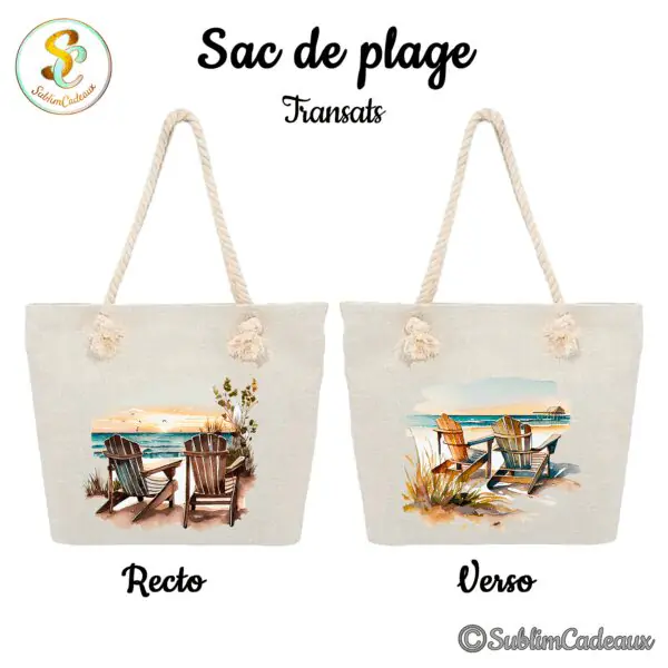 Sac de plage en toile écrue à anses en corde, imprimé aquarelle de deux transats en bois face à la mer