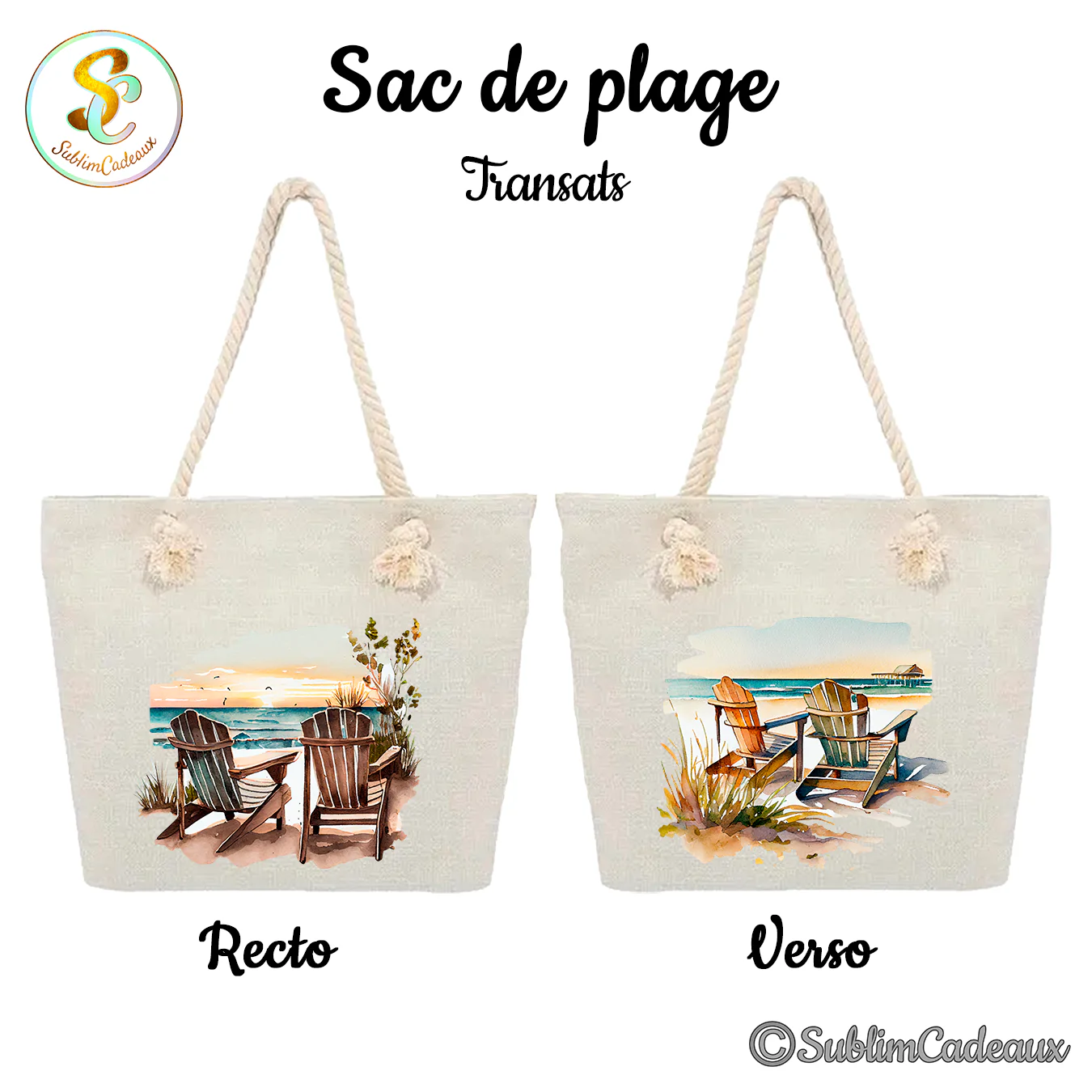 Sac de plage en toile écrue à anses en corde, imprimé aquarelle de deux transats en bois face à la mer