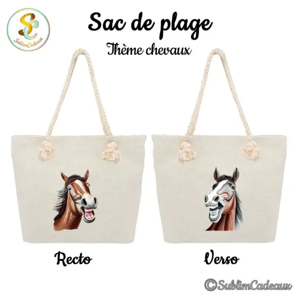 Sac de plage en toile beige à anses en corde, imprimé recto verso d'une tête de cheval rigolote