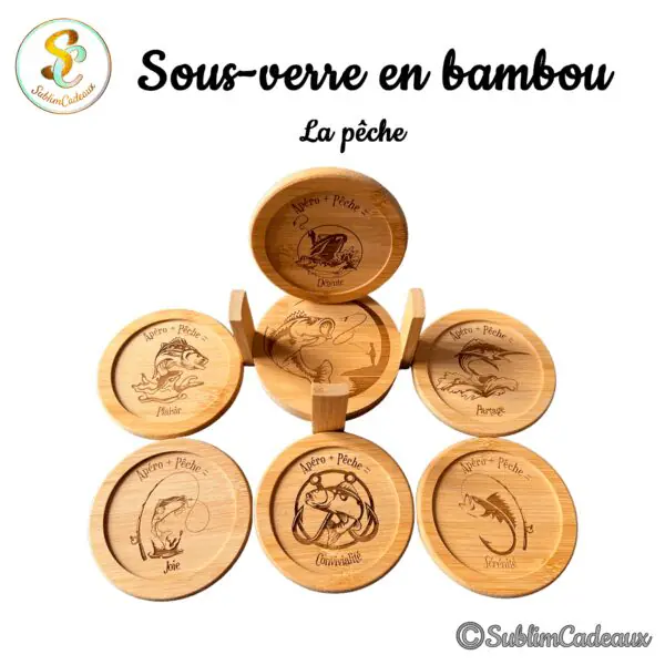 Coffret de sous-verres ronds en bambou gravés de motifs de pêche, poissons et cannes, sur le thème apéro