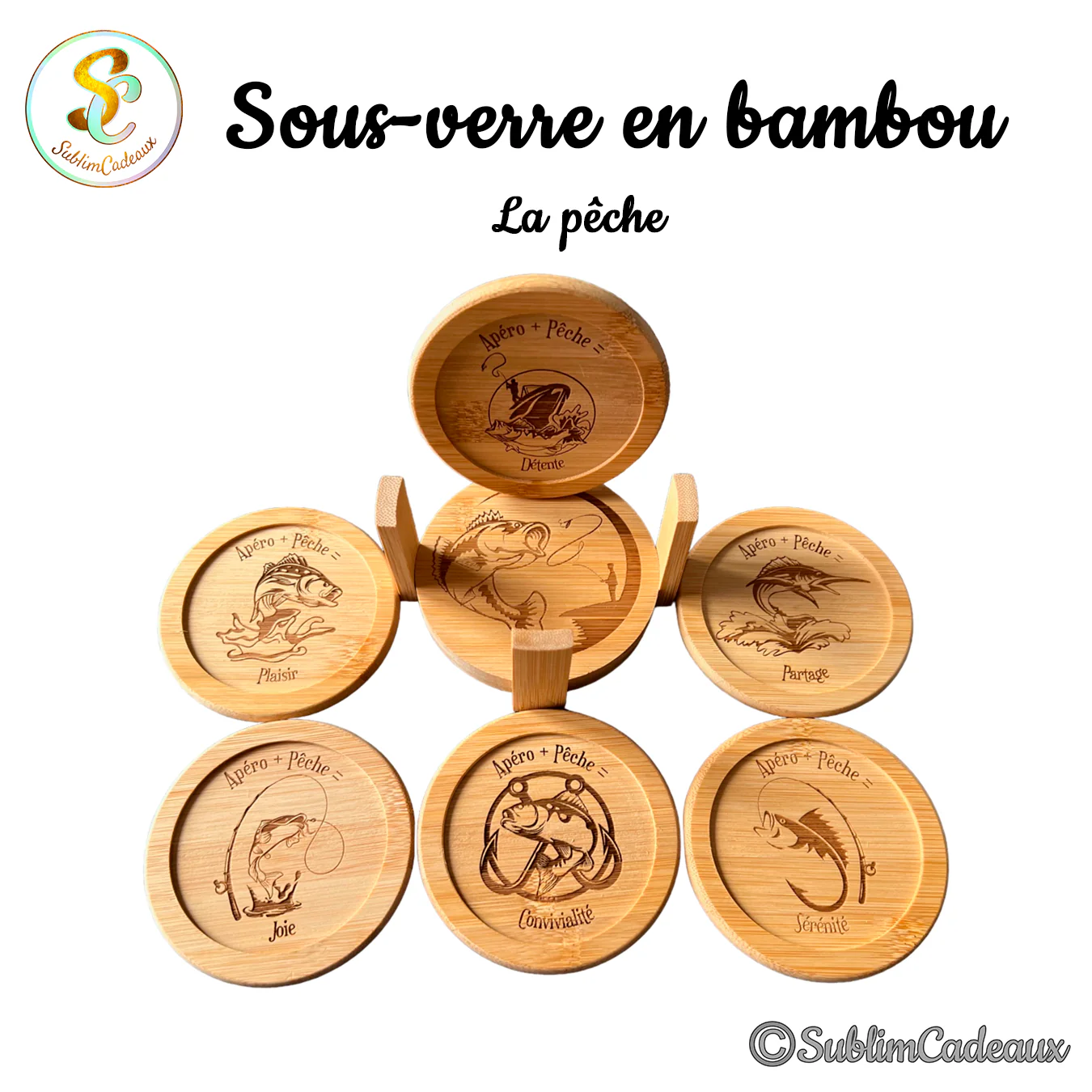 Coffret de sous-verres ronds en bambou gravés de motifs de pêche, poissons et cannes, sur le thème apéro