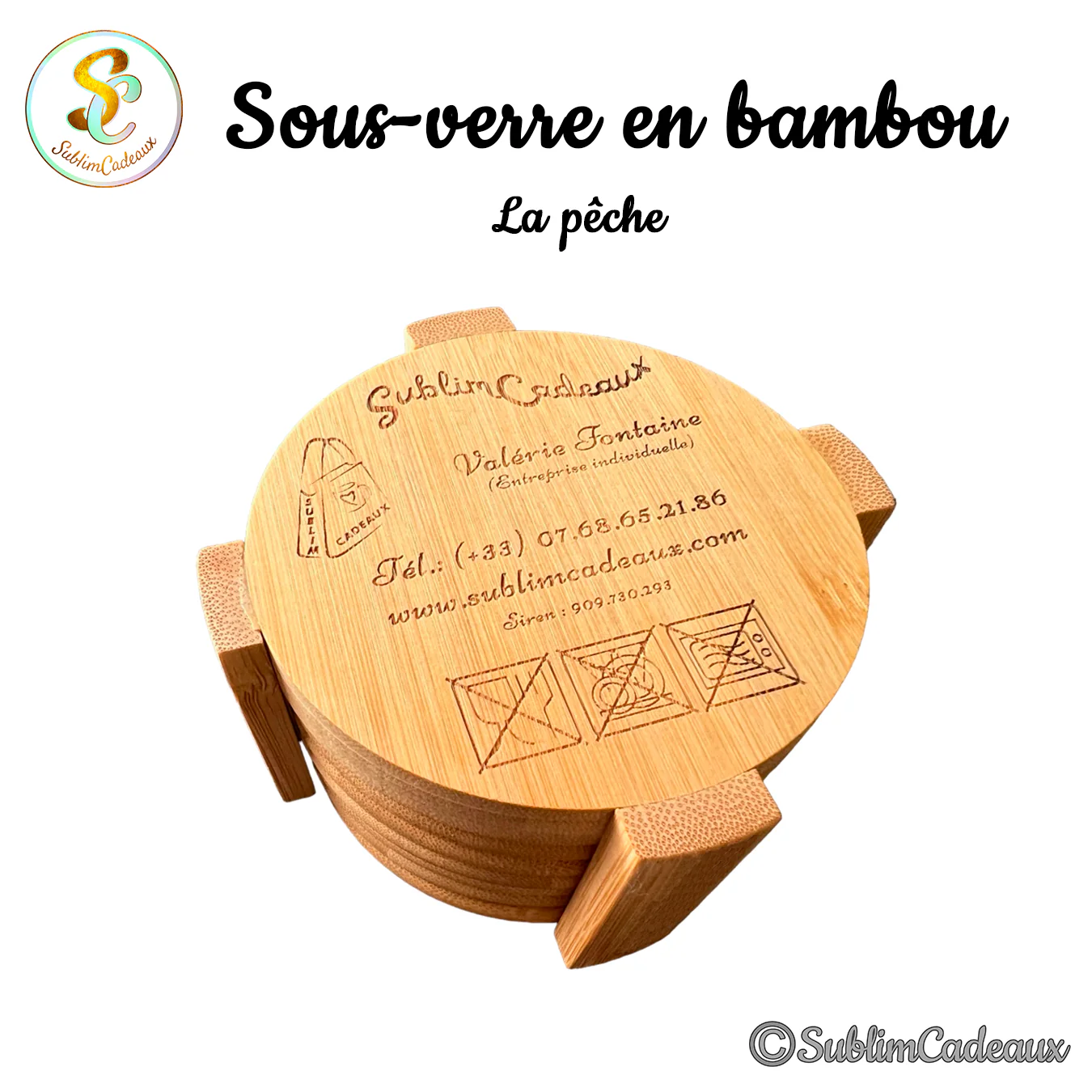 Sous-verres ronds en bambou dans leur support en bambou, teinte naturelle du bois clair