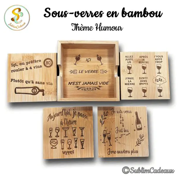 Sous-verres carrés en bambou gravés au laser de phrases humoristiques sur le vin et l'apéro, avec leur boîte support