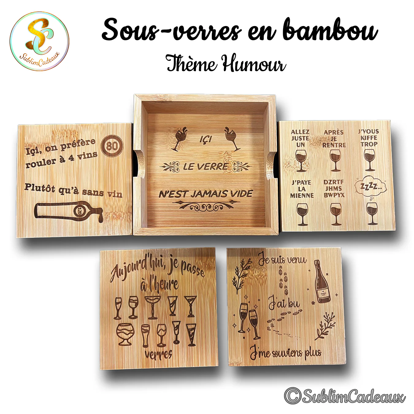 Sous-verres carrés en bambou gravés au laser de phrases humoristiques sur le vin et l'apéro, avec leur boîte support