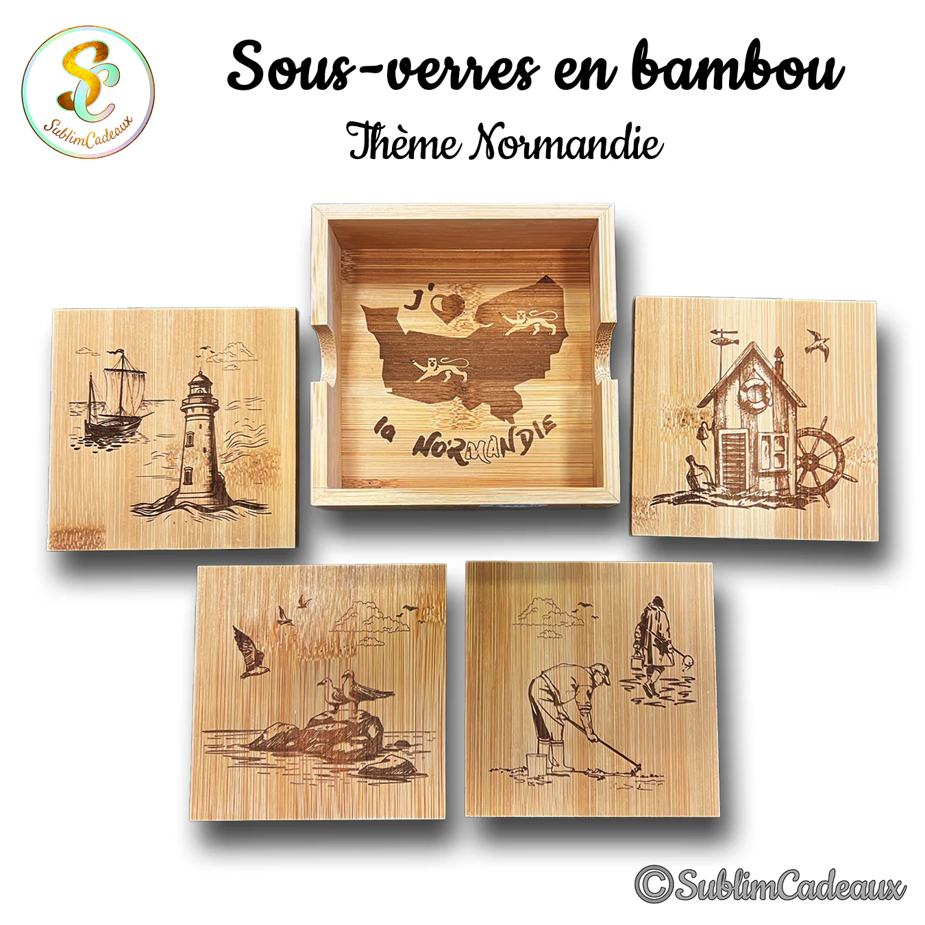 Sous-verres carrés en bambou gravés au laser de scènes normandes : phare, voilier, cabane de pêcheur, mouettes et pêcheur à pied