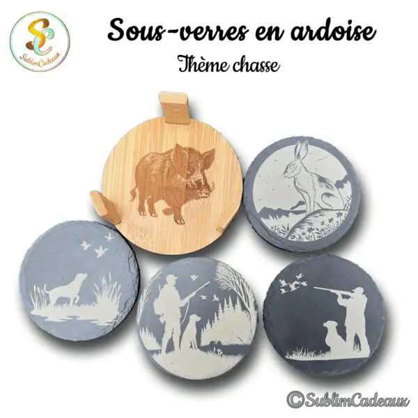 Sous-verres ronds en ardoise et bambou gravés de scènes de chasse : sanglier, lièvre, chien d'arrêt et chasseurs