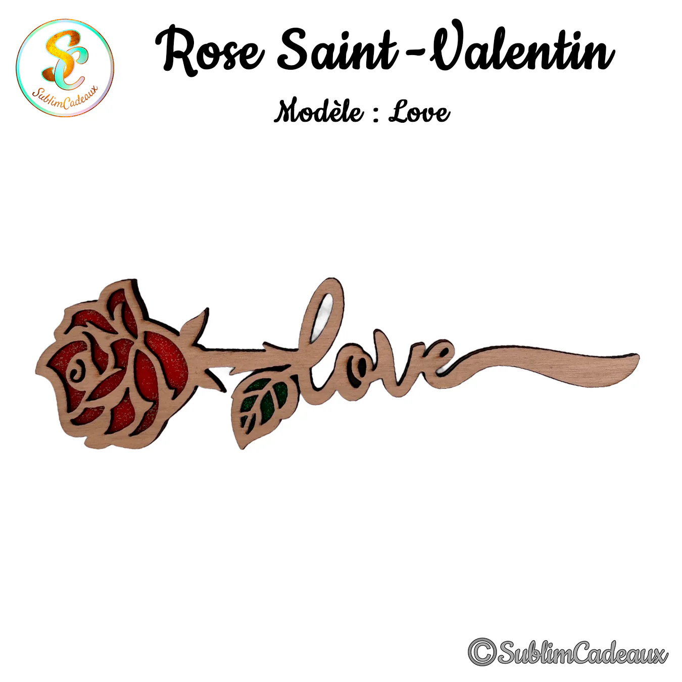 Rose en bois découpée au laser aux pétales rouges pailletés, tige formant le mot love en écriture cursive