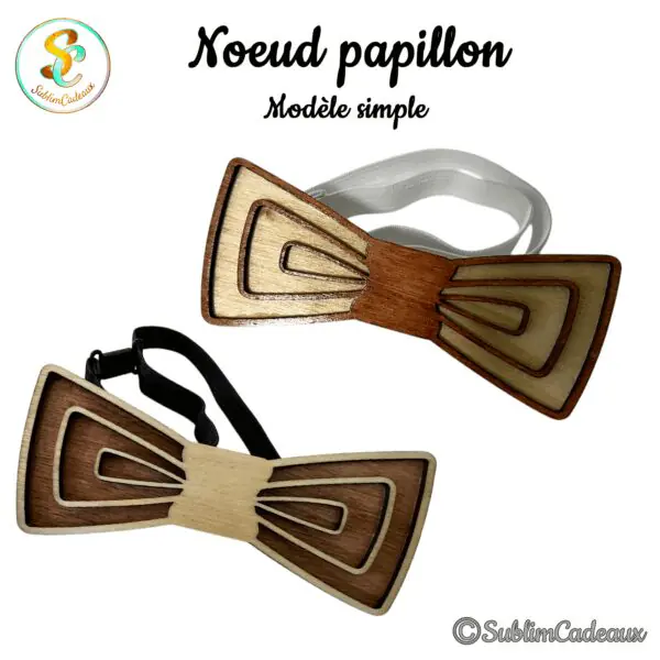 Deux nœuds papillon en bois bicolore découpés au laser d'un motif de triangles concentriques, avec bande élastique