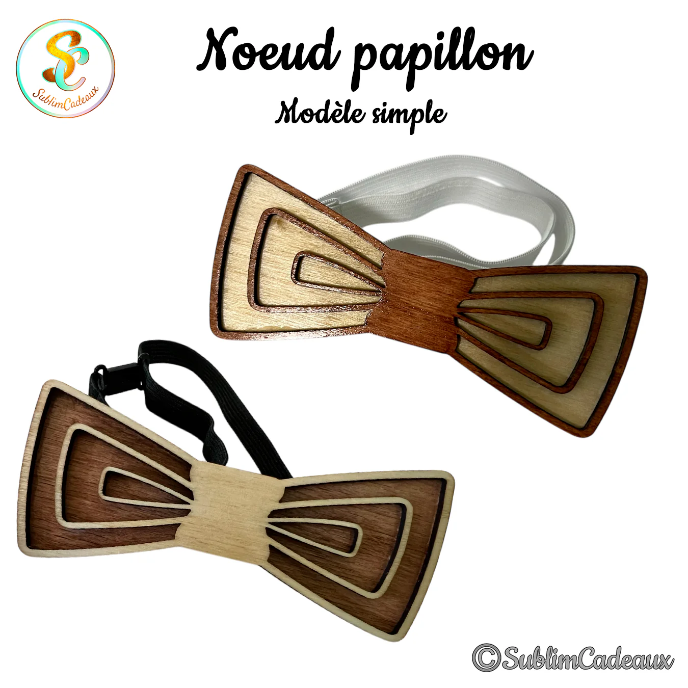 Deux nœuds papillon en bois bicolore découpés au laser d'un motif de triangles concentriques, avec bande élastique