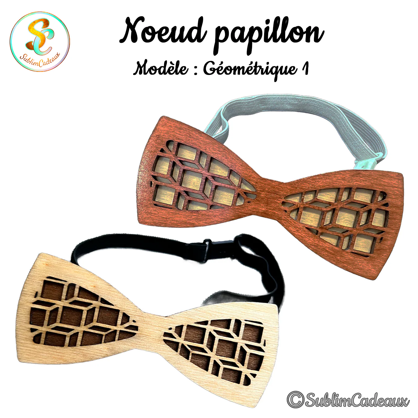 Deux nœuds papillon en bois ajourés d'un motif géométrique, l'un en bois clair l'autre acajou, avec bande élastique