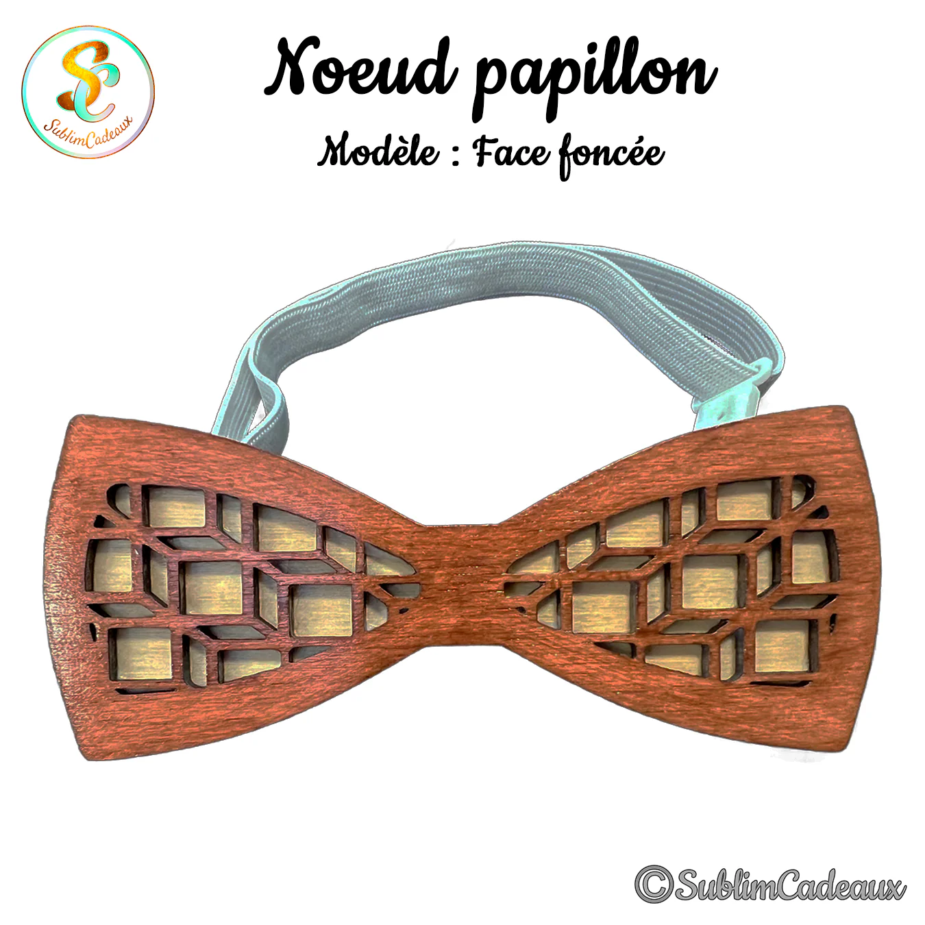 Nœud papillon en bois foncé brun-rouge, découpe laser à motif géométrique ajouré, bride grise réglable