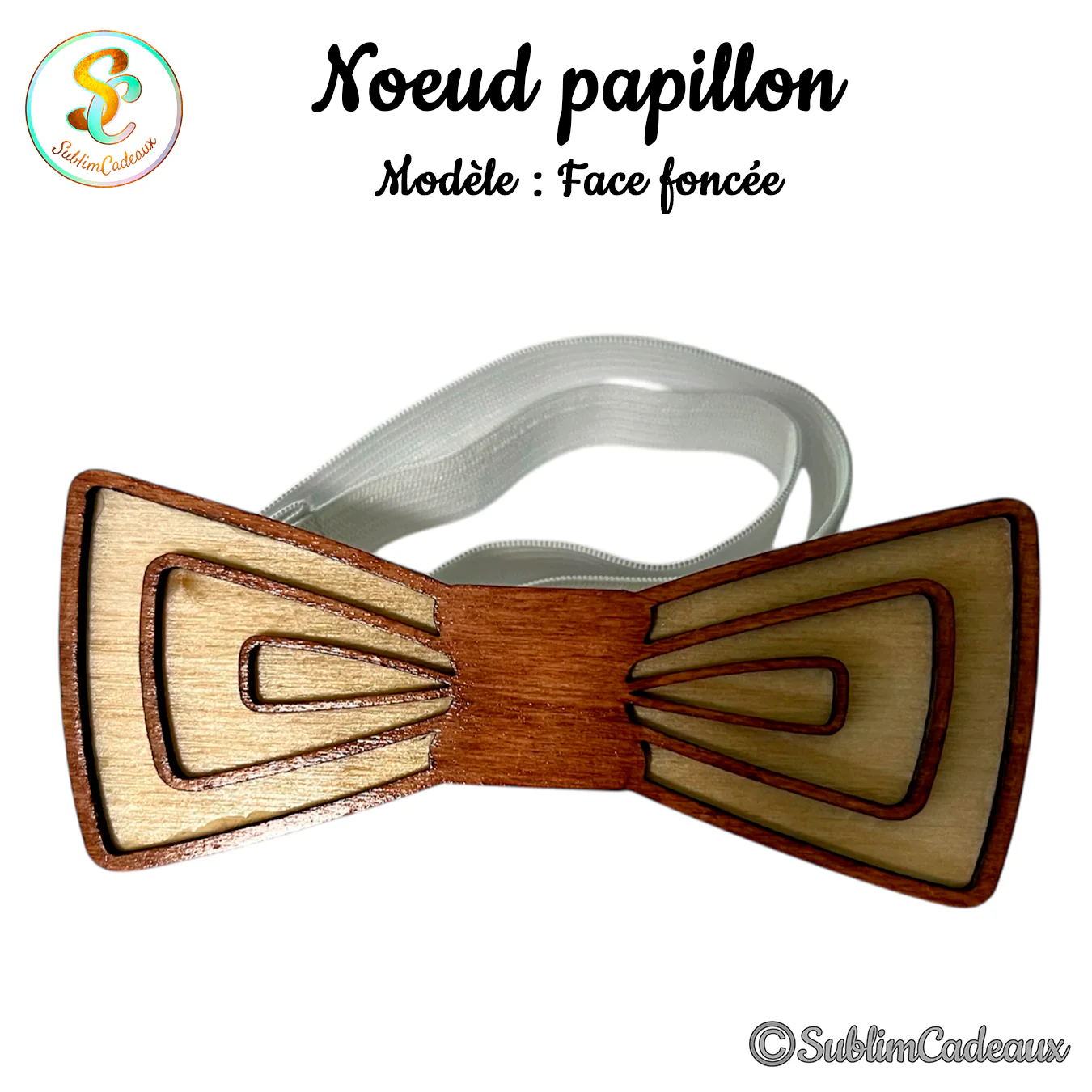 Nœud papillon en bois bicolore, contour brun foncé et centre clair découpés au laser, bride blanche