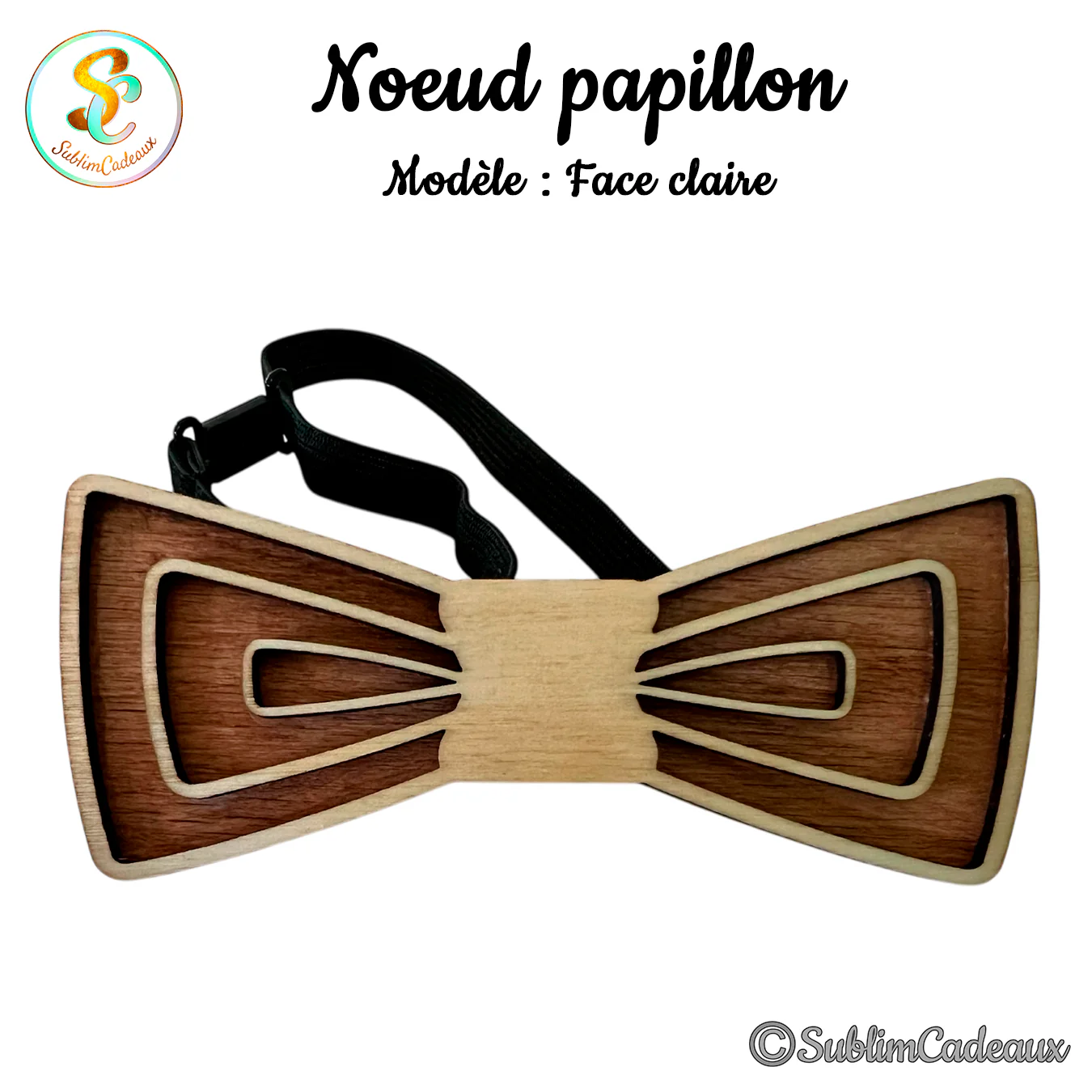 Nœud papillon en bois bicolore découpé au laser, cadre clair et centre brun, bride noire