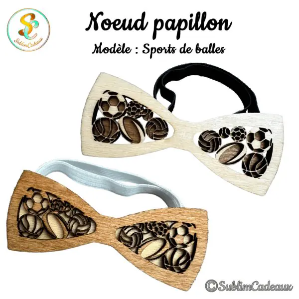 Deux nœuds papillon en bois ajourés de ballons de sport (football, rugby, volley, basket), avec bande élastique