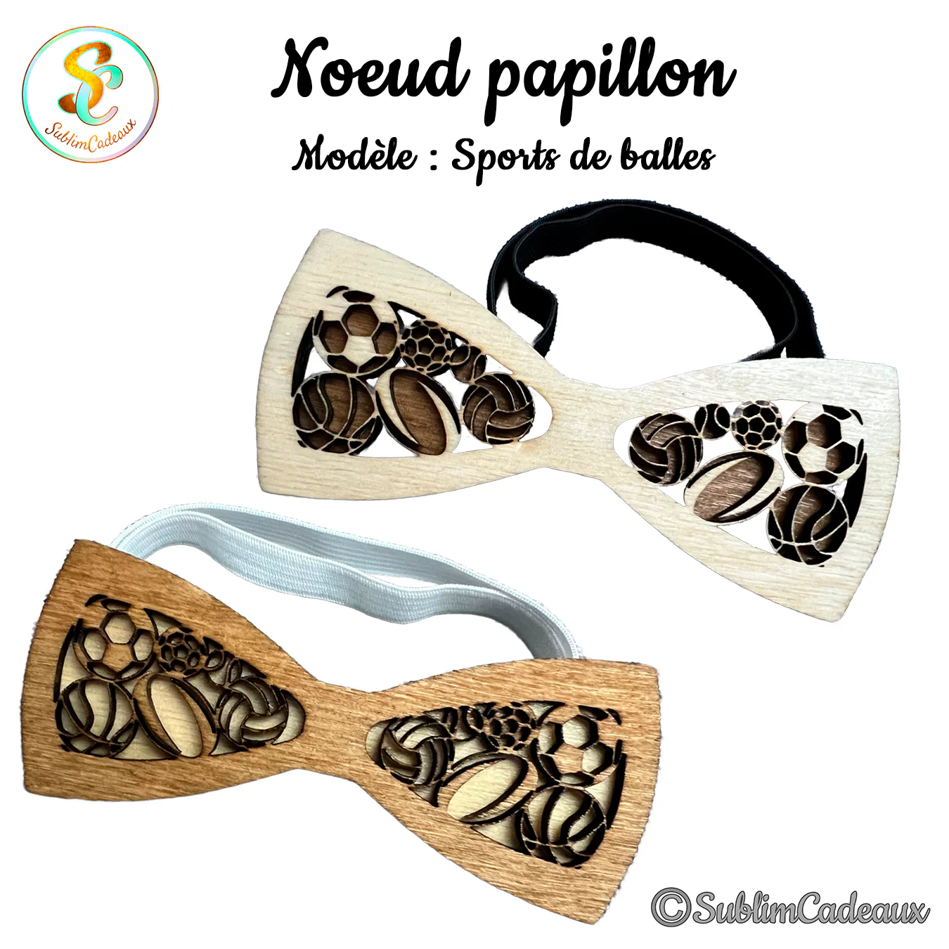 Deux nœuds papillon en bois ajourés de ballons de sport (football, rugby, volley, basket), avec bande élastique