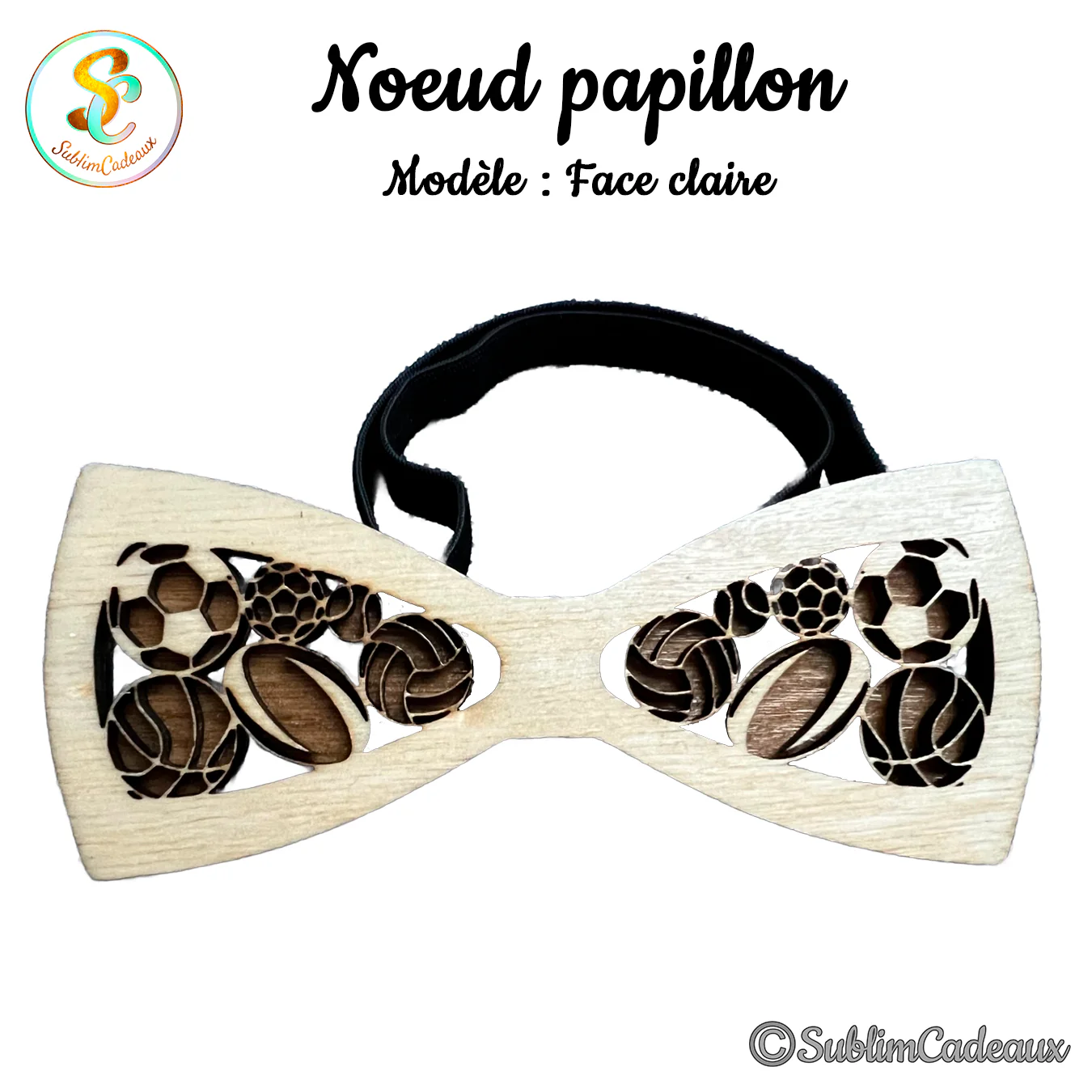 Nœud papillon en bois clair, ballons de sport (football, rugby, volley) découpés au laser, bride noire