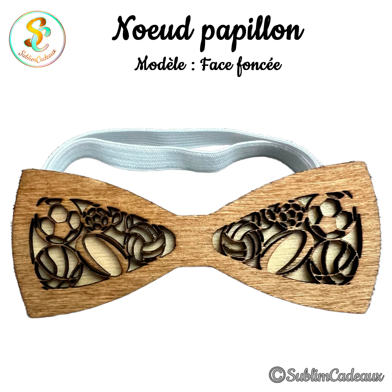 Nœud papillon en bois miel, ballons de sport ajourés découpés au laser, bride blanche élastique