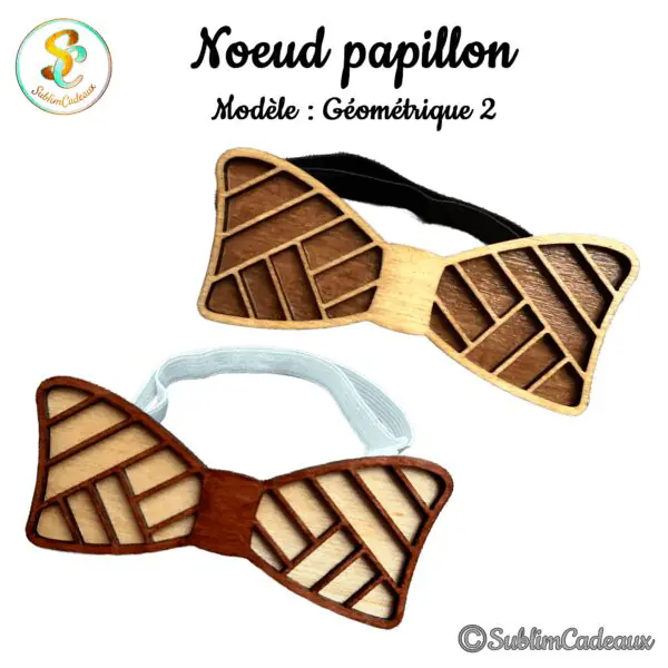 Deux nœuds papillon en bois bicolore ajourés d'un motif géométrique en chevrons, avec bande élastique