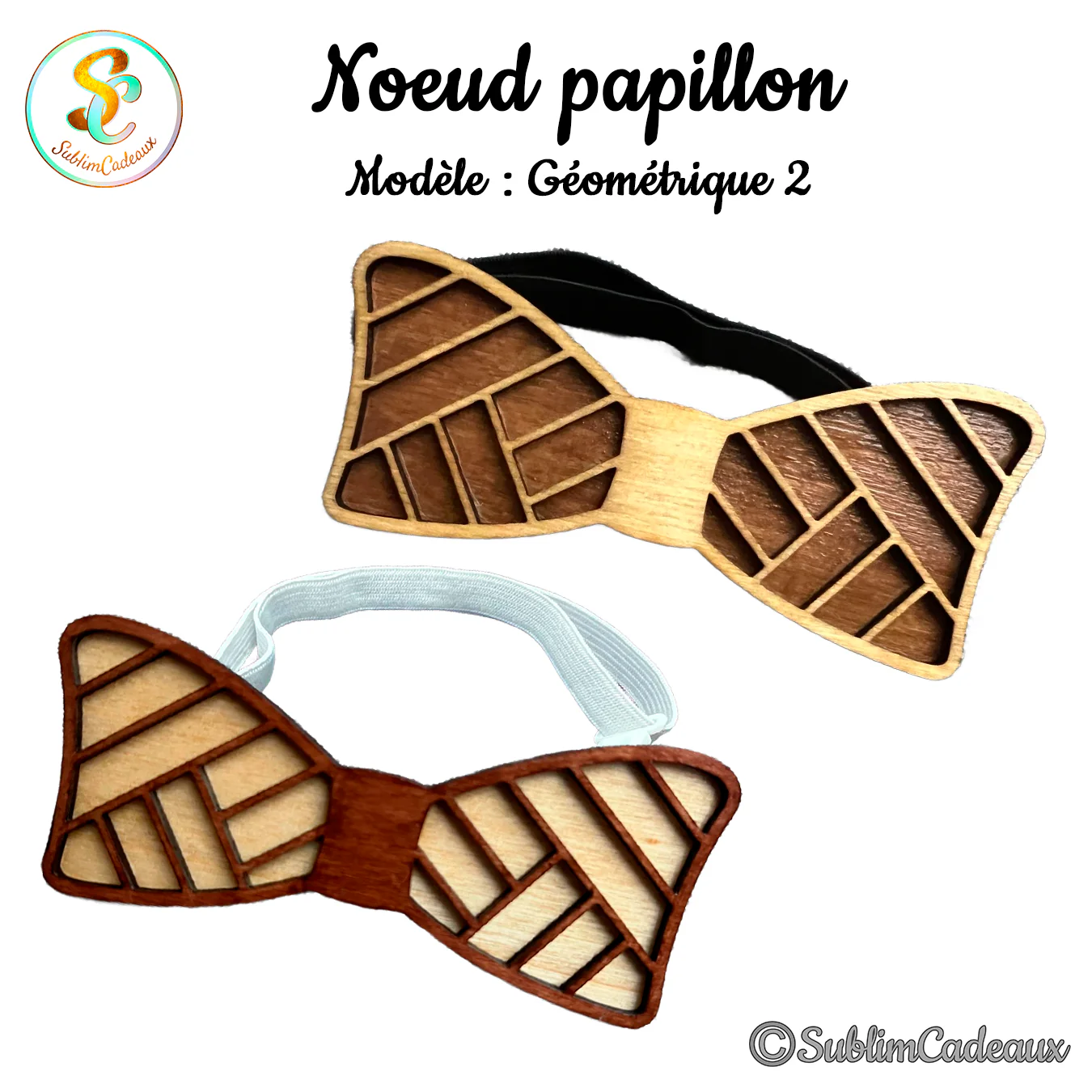 Deux nœuds papillon en bois bicolore ajourés d'un motif géométrique en chevrons, avec bande élastique