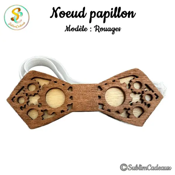 Noeud papillon en bois découpé au laser à motif d'engrenages ajourés, bois deux tons, élastique blanc