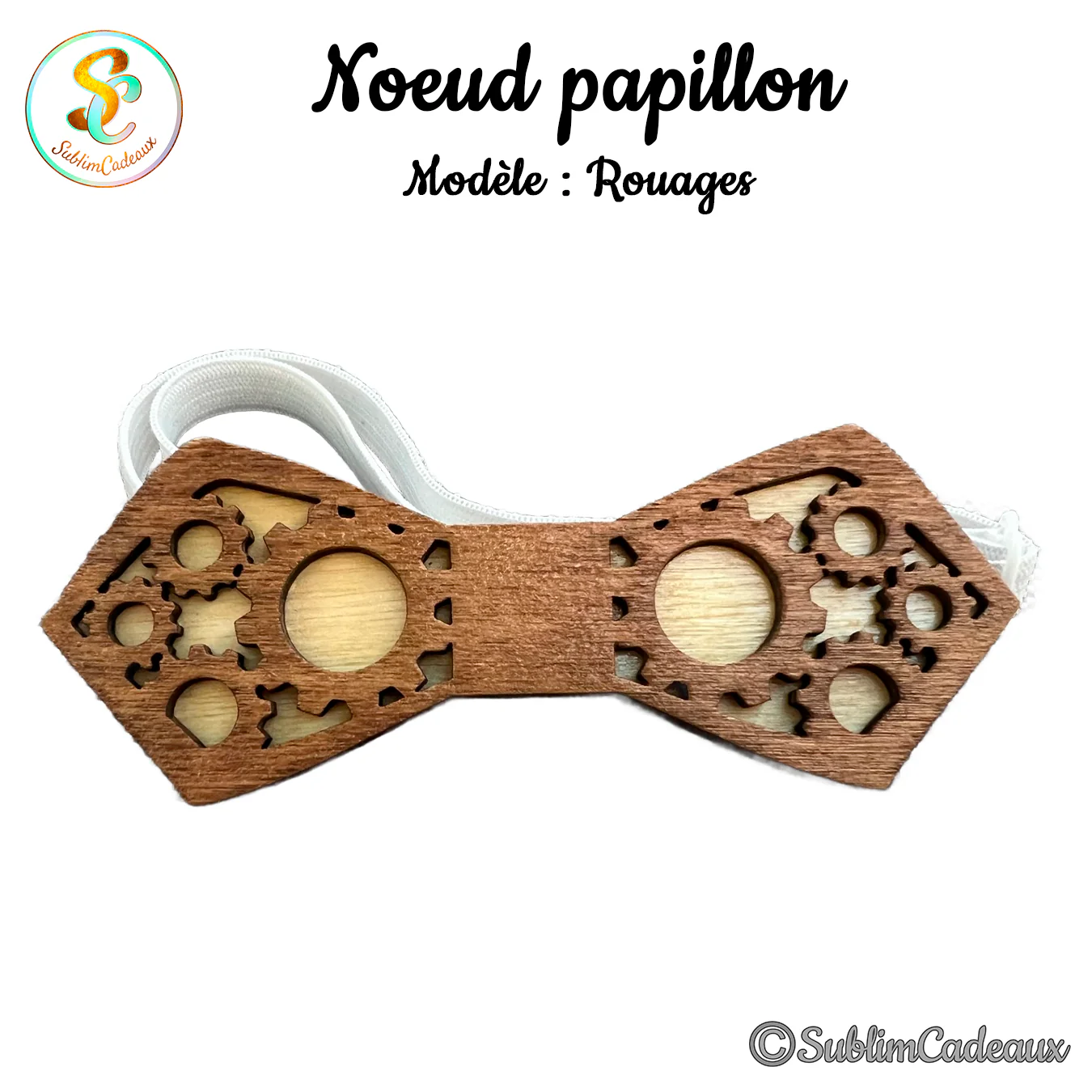 Noeud papillon en bois découpé au laser à motif d'engrenages ajourés, bois deux tons, élastique blanc