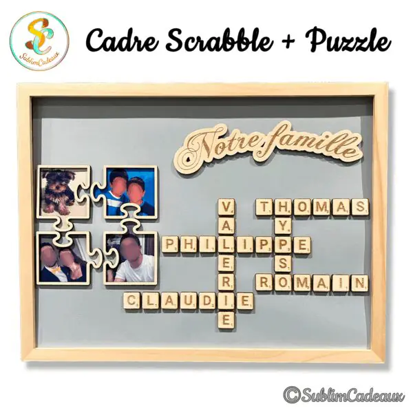 Cadre bois façon Scrabble et puzzle, prénoms en lettres de jeu croisées, photos de famille et découpe gravée Notre famille