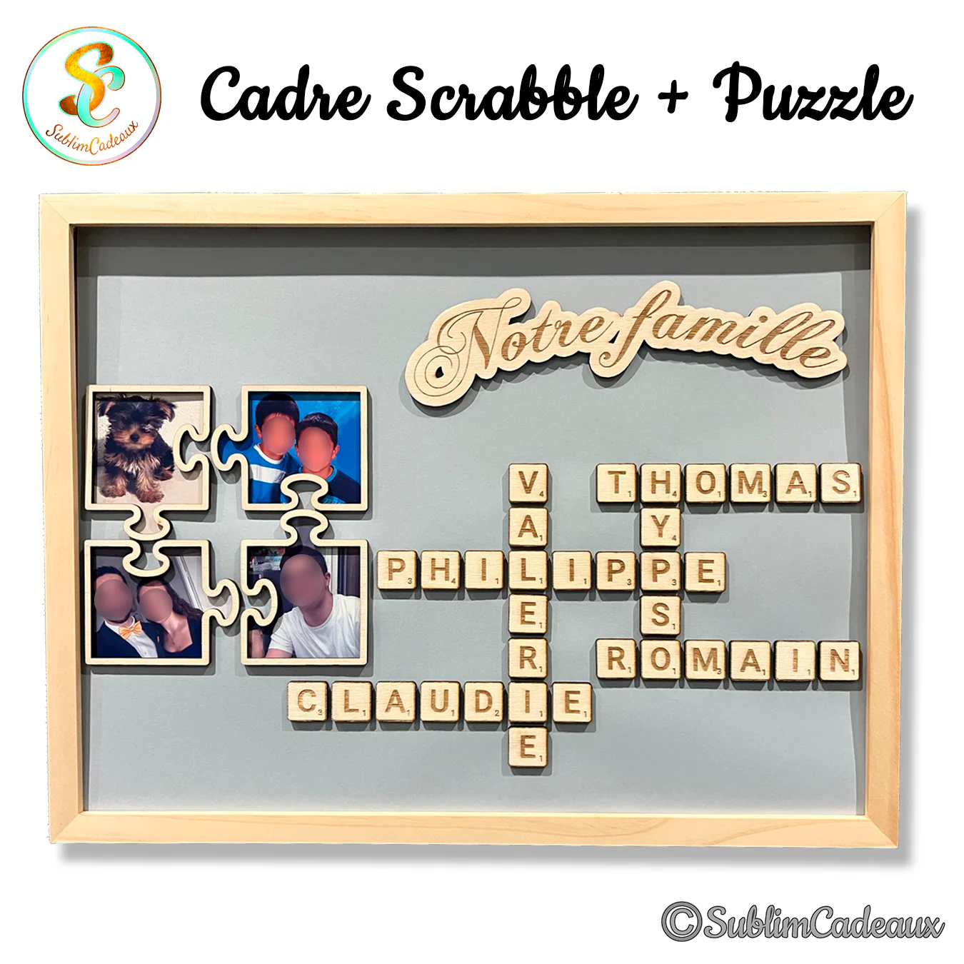 Cadre bois façon Scrabble et puzzle, prénoms en lettres de jeu croisées, photos de famille et découpe gravée Notre famille