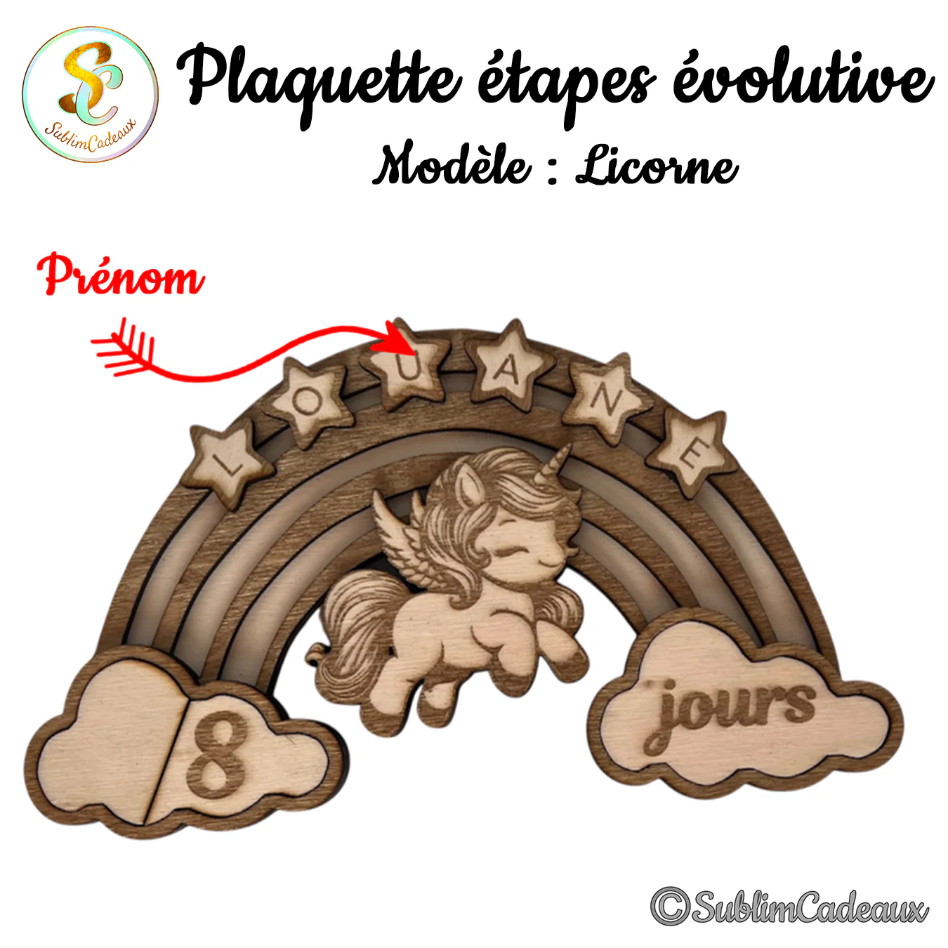 Plaquette évolutive en bois gravé, licorne ailée sur arc-en-ciel, étoiles formant un prénom à personnaliser et nuages