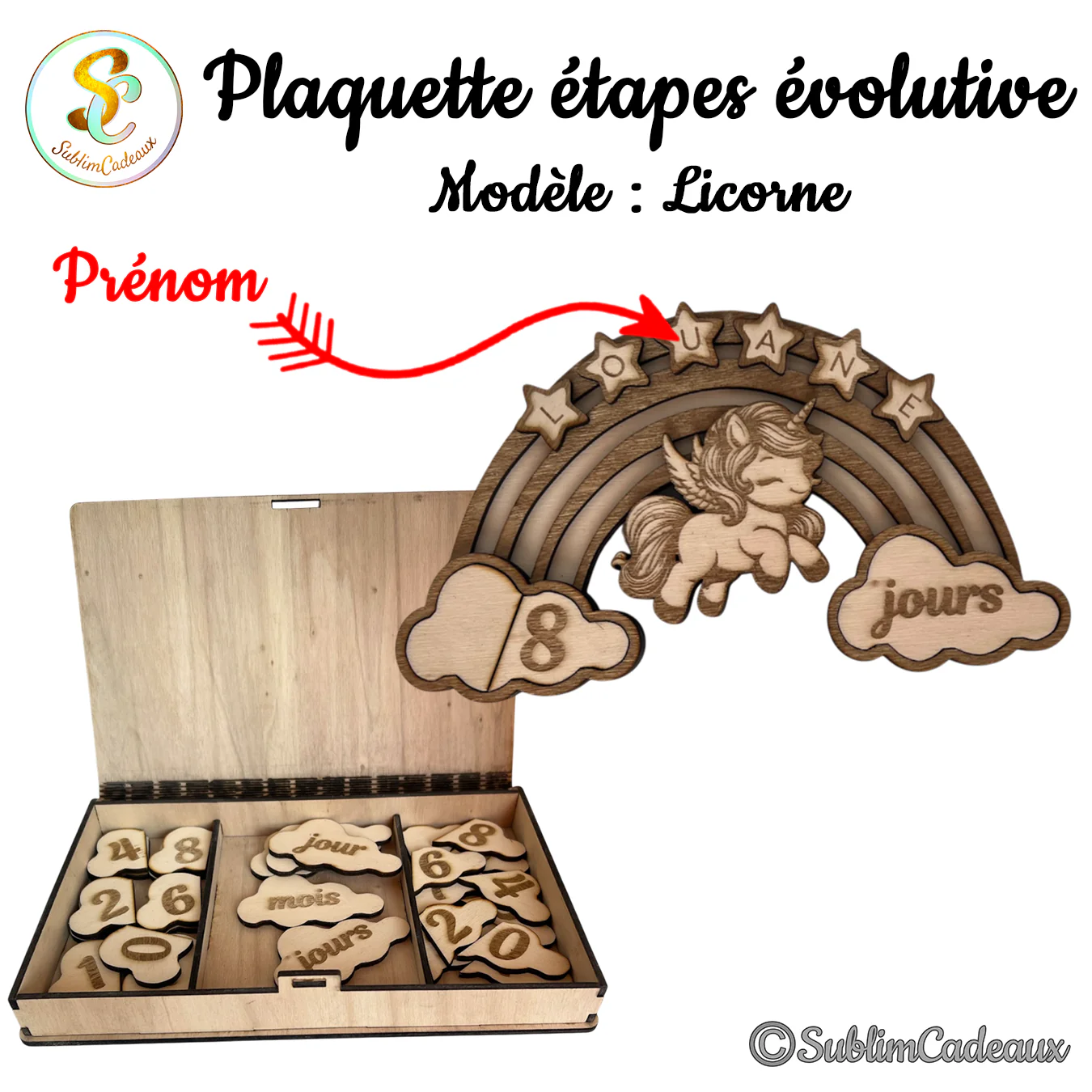 Plaque bébé en bois gravé, arc-en-ciel et licorne ailée, prénom à personnaliser en étoiles, nuages chiffres et coffret de pièces