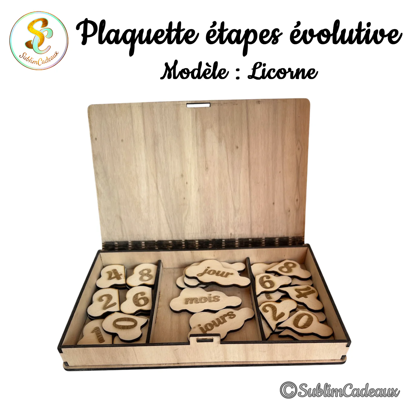 Coffret en bois du kit évolutif licorne, chiffres et nuages gravés jour et mois rangés par compartiments