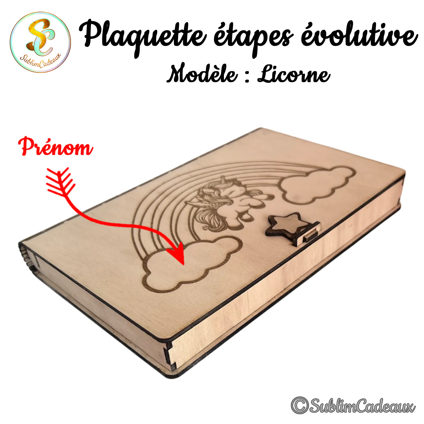 Coffret en bois fermé, couvercle gravé d'une licorne ailée sur arc-en-ciel, nuage laissé libre pour le prénom à personnaliser