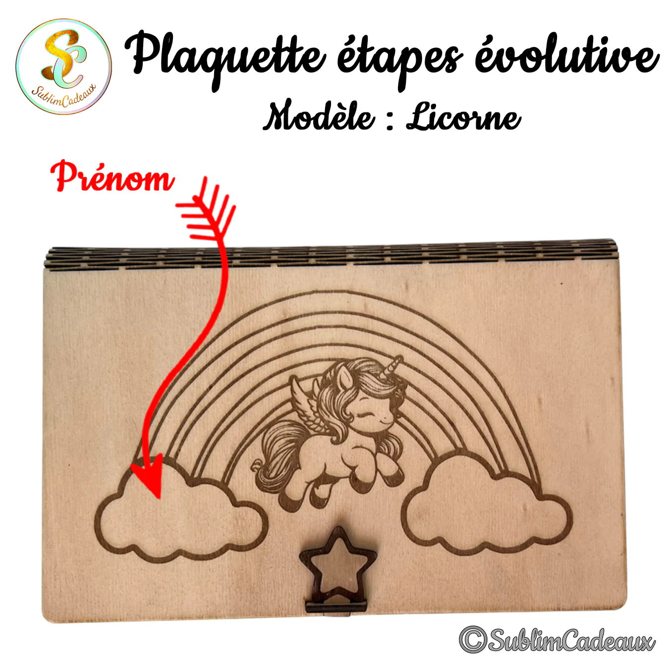 Couvercle en bois gravé d'une licorne ailée entre deux nuages sur un arc-en-ciel, fermoir étoile, zone prénom à personnaliser