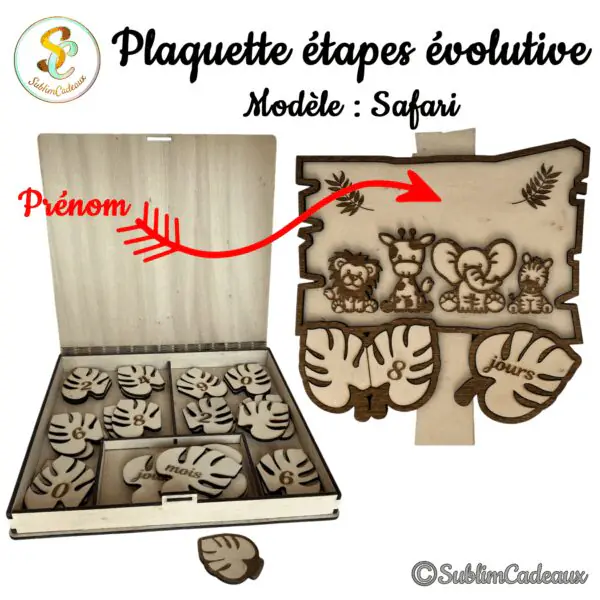 Plaque de suivi bébé en bois gravé, animaux du safari, feuilles monstera avec chiffres, prénom à personnaliser, coffret de pièces