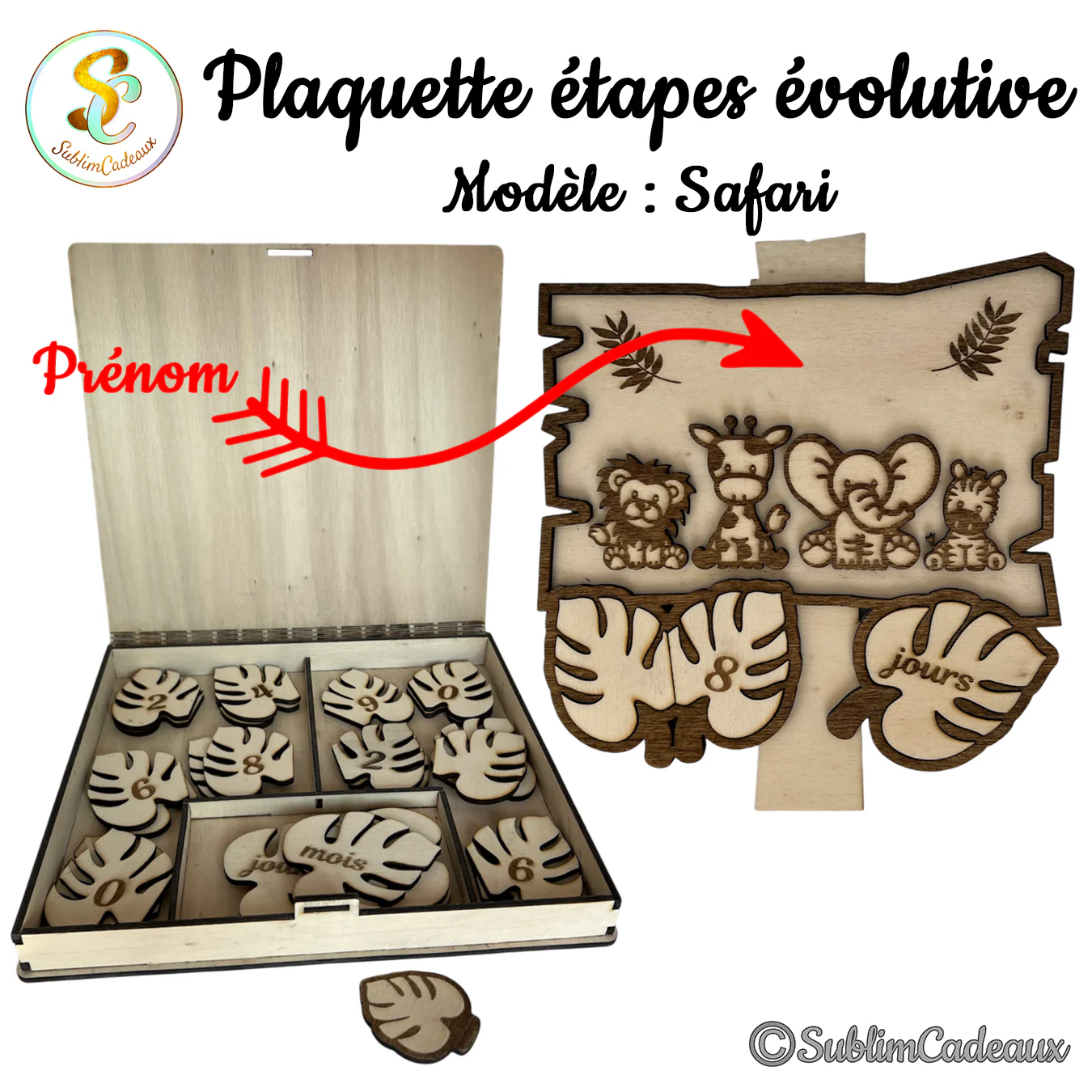 Plaque de suivi bébé en bois gravé, animaux du safari, feuilles monstera avec chiffres, prénom à personnaliser, coffret de pièces