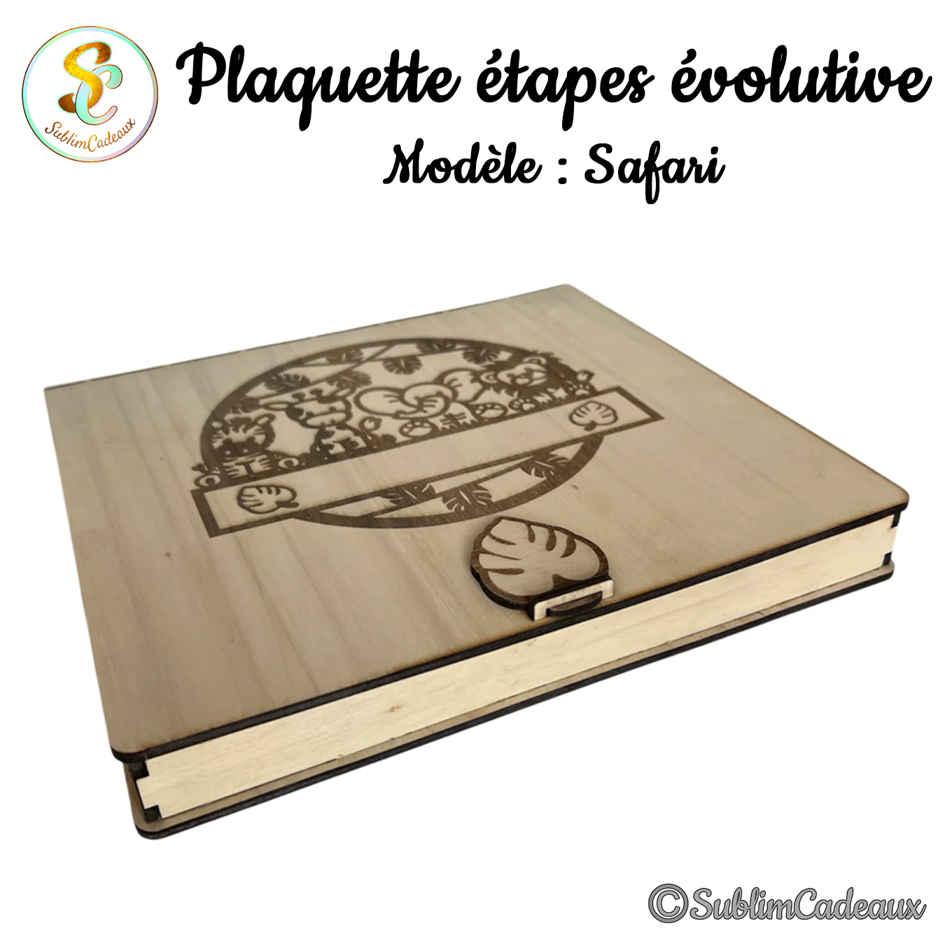 Coffret en bois fermé du kit safari, couvercle gravé d'une scène ronde d'animaux de la jungle, fermoir feuille de monstera