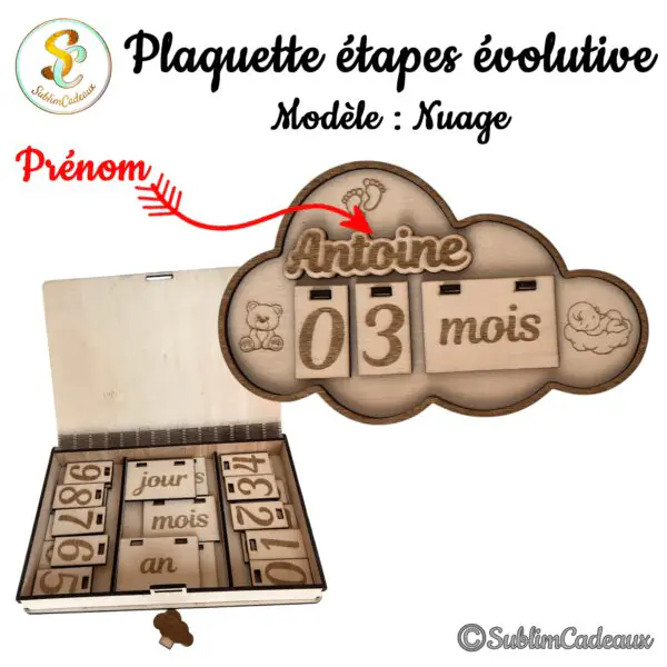 Plaque de naissance en bois gravé en forme de nuage, ourson et bébé endormi, prénom à personnaliser, cases chiffres amovibles